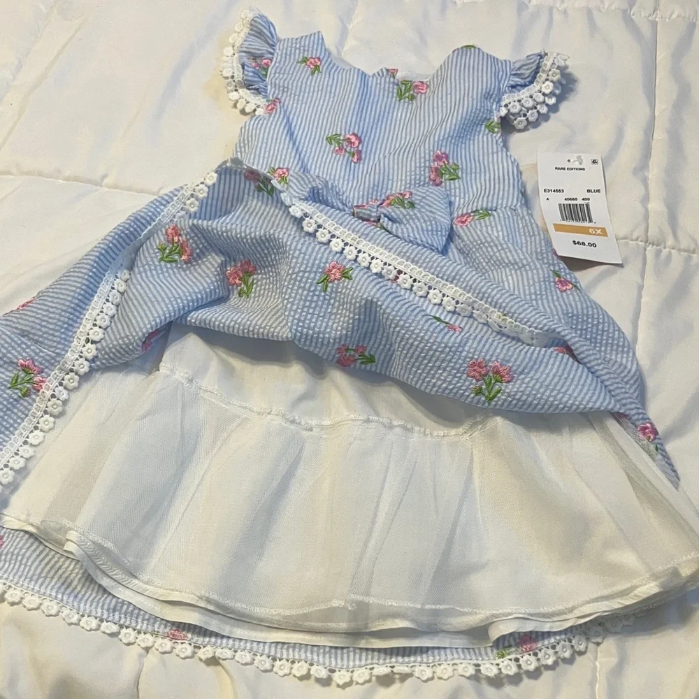 Rare Editions Striped Blue and Pink Floral Dress - Picture 6 of 7